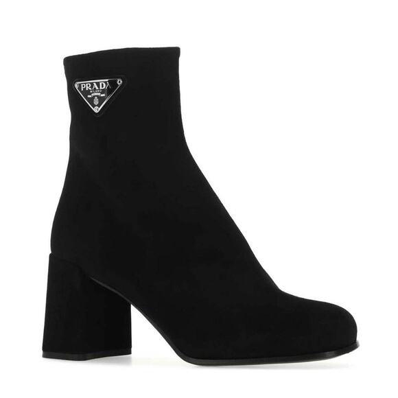 Prada Tronchetti Black Suede Block Heel Ankle Boots - Picture 1 of 16